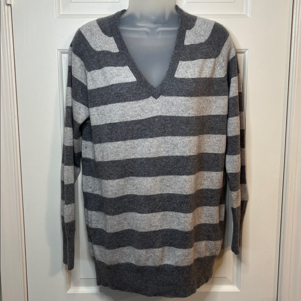 Equipment Femme grey on grey horizontal striped pullover sweater.